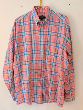 Bill’s Khakis Men's Coral Pink Blue Plaid Lightweight Button-Down Shirt - Sz L